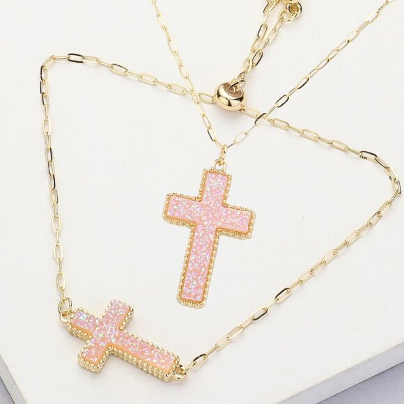 NEW Druzy Stone Sparkle Cross Pink Gold Dipped Bracelet and Necklace SET
